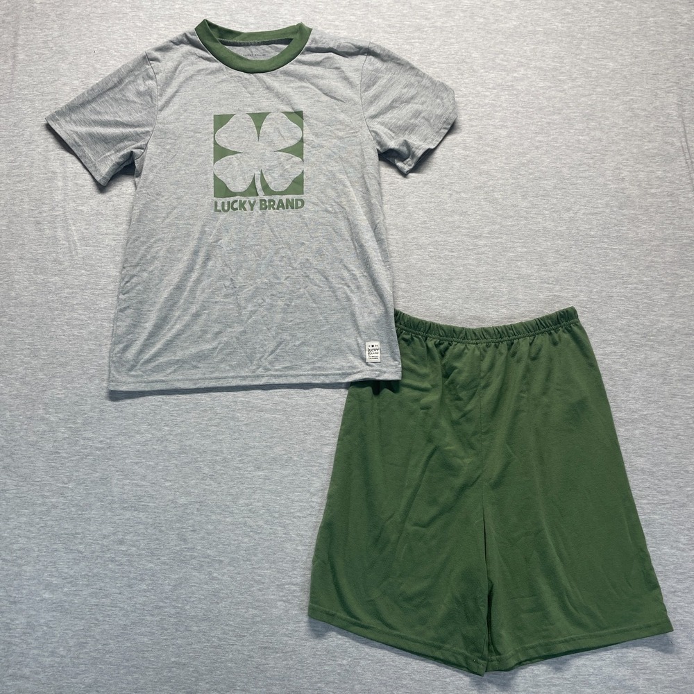 Lucky Brand 2 Piece Set T-Shirt & Shorts Boys Large (14/16) Gray Green Crew Neck
